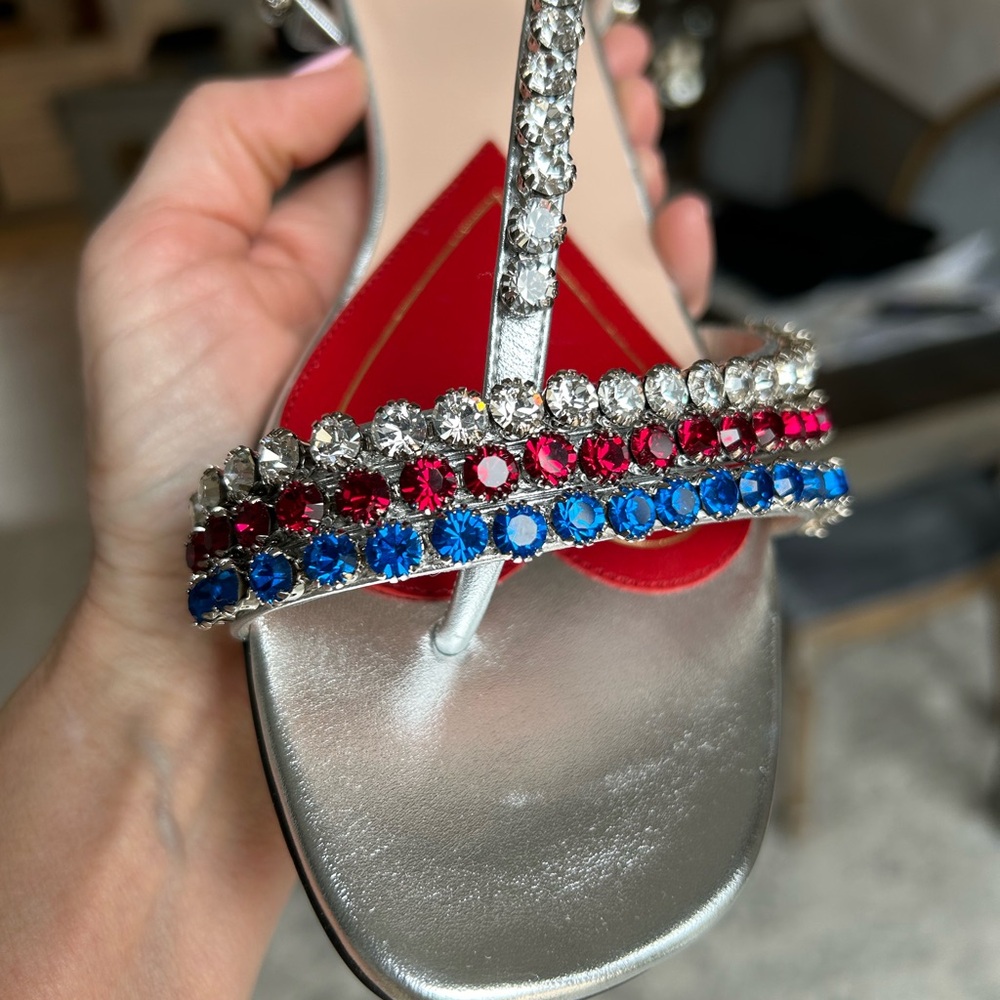 Gucci Silver Sandals with Red and Blue Accents